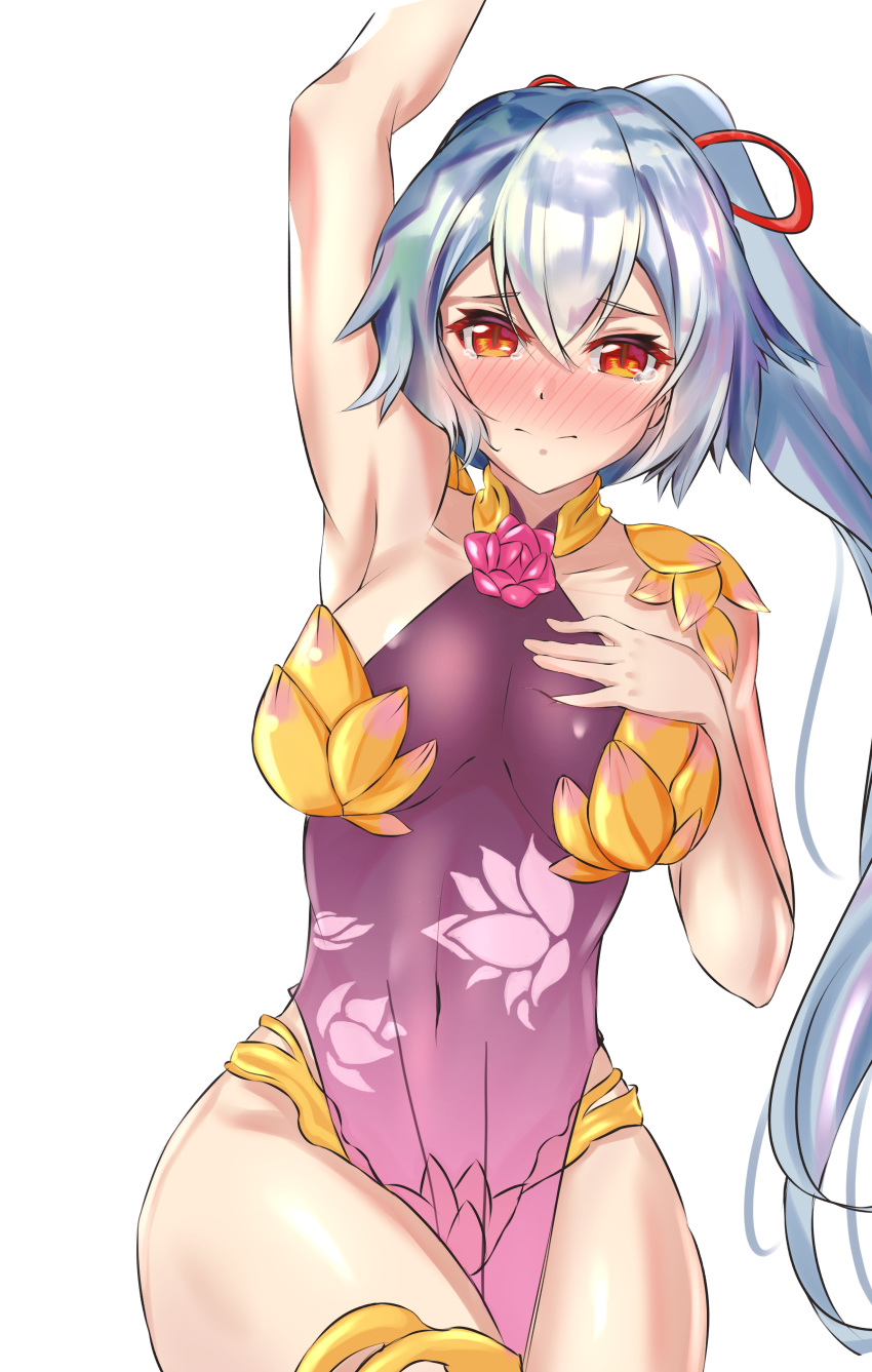 1girl absurdres arm_up armor armpits bangs bikini_armor blush breasts closed_mouth collar collarbone cosplay dress fate/grand_order fate_(series) floral_print flower hair_between_eyes hair_ribbon hand_on_own_chest highres kama_(fate/grand_order) kama_(fate/grand_order)_(cosplay) large_breasts long_hair looking_at_viewer lotus metal_collar pelvic_curtain ponytail purple_dress red_eyes red_ribbon ribbon silver_hair simple_background solo thighlet tomoe_gozen_(fate/grand_order) white_background yahan_(mctr5253)