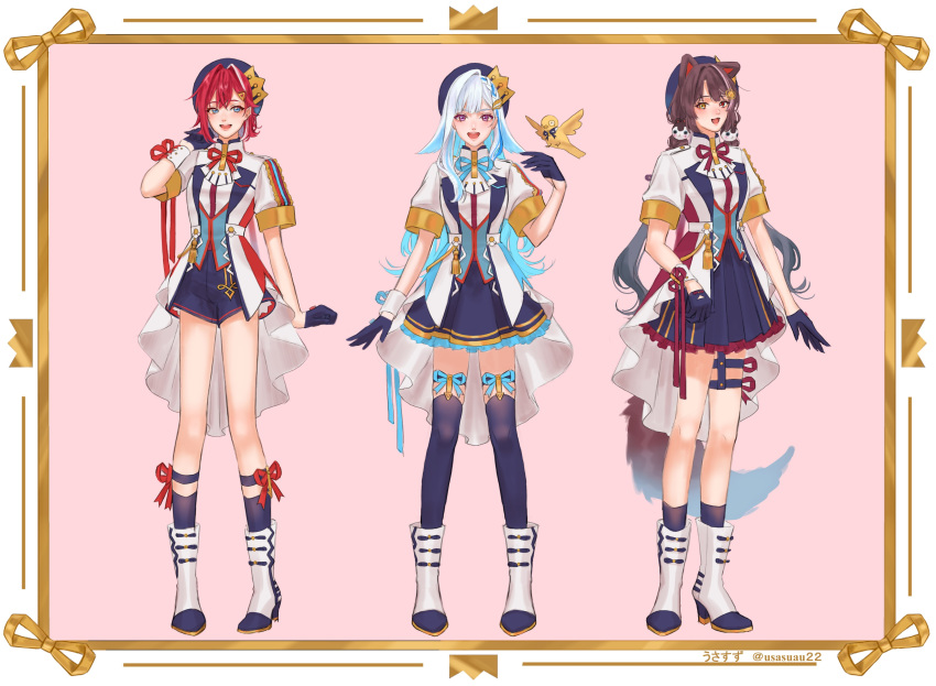 3girls :d absurdres alternate_costume ange_katrina animal_ears aqua_hair aqua_neckwear artist_name beret bird black_gloves black_headwear black_legwear blue_eyes blue_hair blue_shorts blue_skirt blue_vest blush boots border breasts brown_hair commentary dog_ears dog_tail eyebrows_visible_through_hair frilled_skirt frills full_body gloves hair_ornament hand_in_hair hat heterochromia highres inui_toko jacket lize_helesta long_hair looking_at_viewer miniskirt multicolored_hair multiple_girls neck_ribbon nijisanji open_clothes open_jacket open_mouth pink_background pleated_skirt red_eyes red_neckwear redhead ribbon sebastian_piyodore short_hair short_shorts short_sleeves shorts silver_hair simple_background skirt small_breasts smile standing streaked_hair tail thigh-highs thigh_strap thighs twintails twitter_username two-tone_hair usasuzu vest violet_eyes virtual_youtuber white_footwear white_jacket wrist_cuffs yellow_eyes