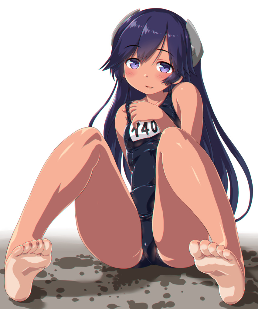 1girl ass bangs bare_legs bare_shoulders barefoot blush breasts commentary dd_(ijigendd) eyebrows_visible_through_hair headgear highres i-400_(kantai_collection) kantai_collection long_hair looking_at_viewer one-piece_tan open_mouth purple_hair school_swimsuit shiny shiny_clothes simple_background sitting skindentation soles solo swimsuit tan tanline toes violet_eyes wet white_background