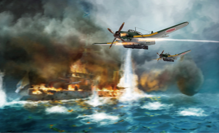 aircraft airplane b7a_ryuusei battle destruction explosion fire firing highres military military_vehicle ocean original propeller smoke soranokakera01 torpedo weapon