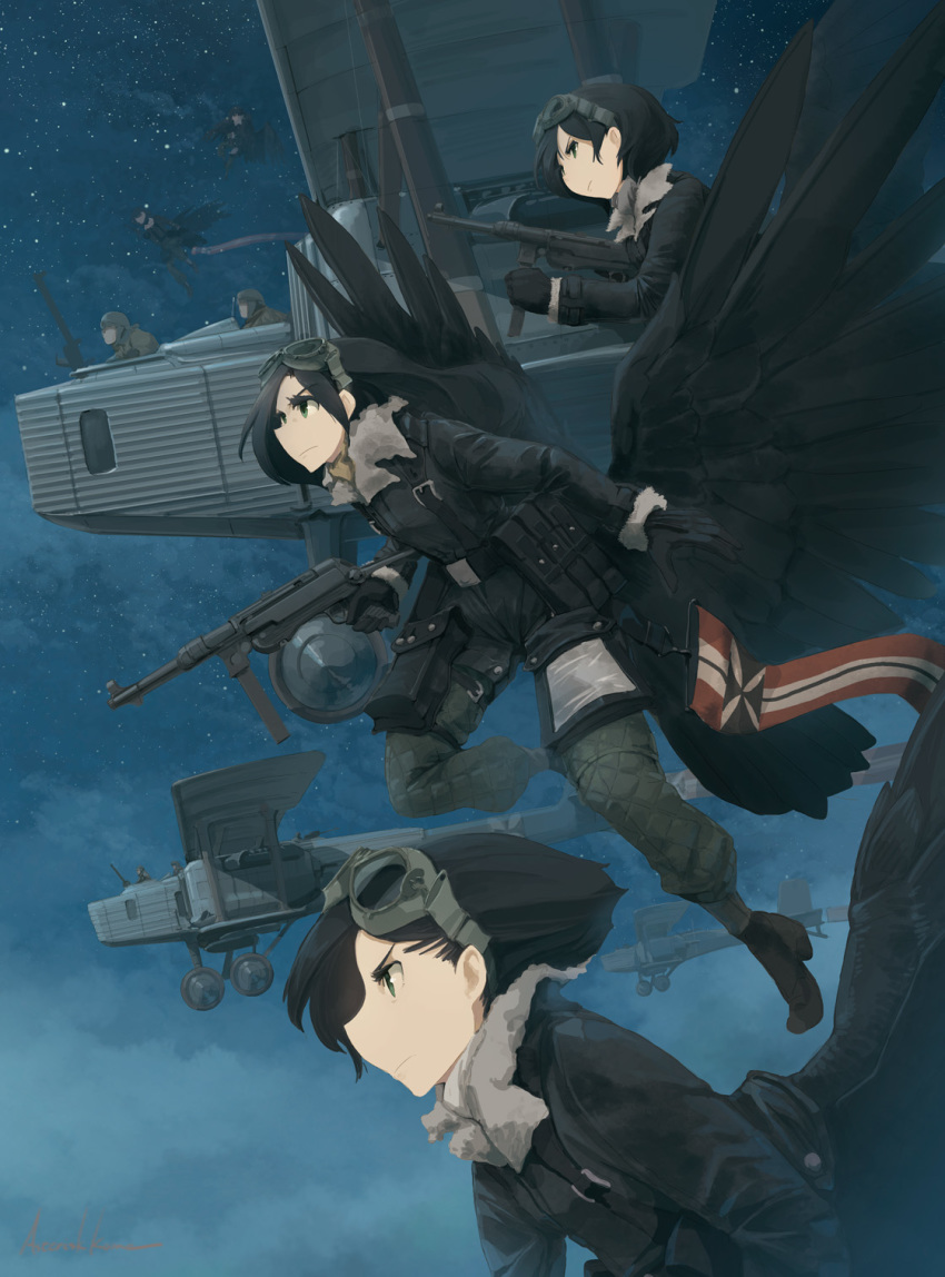 3girls aircraft airplane asterisk_kome bangs belt bird_wings black_eyes black_gloves black_hair black_jacket black_sky black_wings bomber bomber_jacket closed_mouth clouds cloudy_sky commentary flying frown gloves goggles goggles_on_head grey_pants gun harness highres holding holding_gun holding_weapon jacket jewelry laura_jumo long_hair long_sleeves low_wings military military_uniform military_vehicle multiple_girls multiple_others night night_sky outdoors pants pendant pouch short_hair sky star_(sky) starry_sky submachine_gun uniform utility_belt weapon weapon_request winged_fusiliers wings