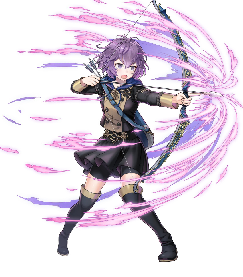 1girl arrow aura bernadetta_von_varley boots bow_(weapon) crying epaulettes fire_emblem fire_emblem:_three_houses fire_emblem_heroes full_body highres official_art open_mouth purple_hair short_hair solo thigh-highs transparent_background violet_eyes weapon