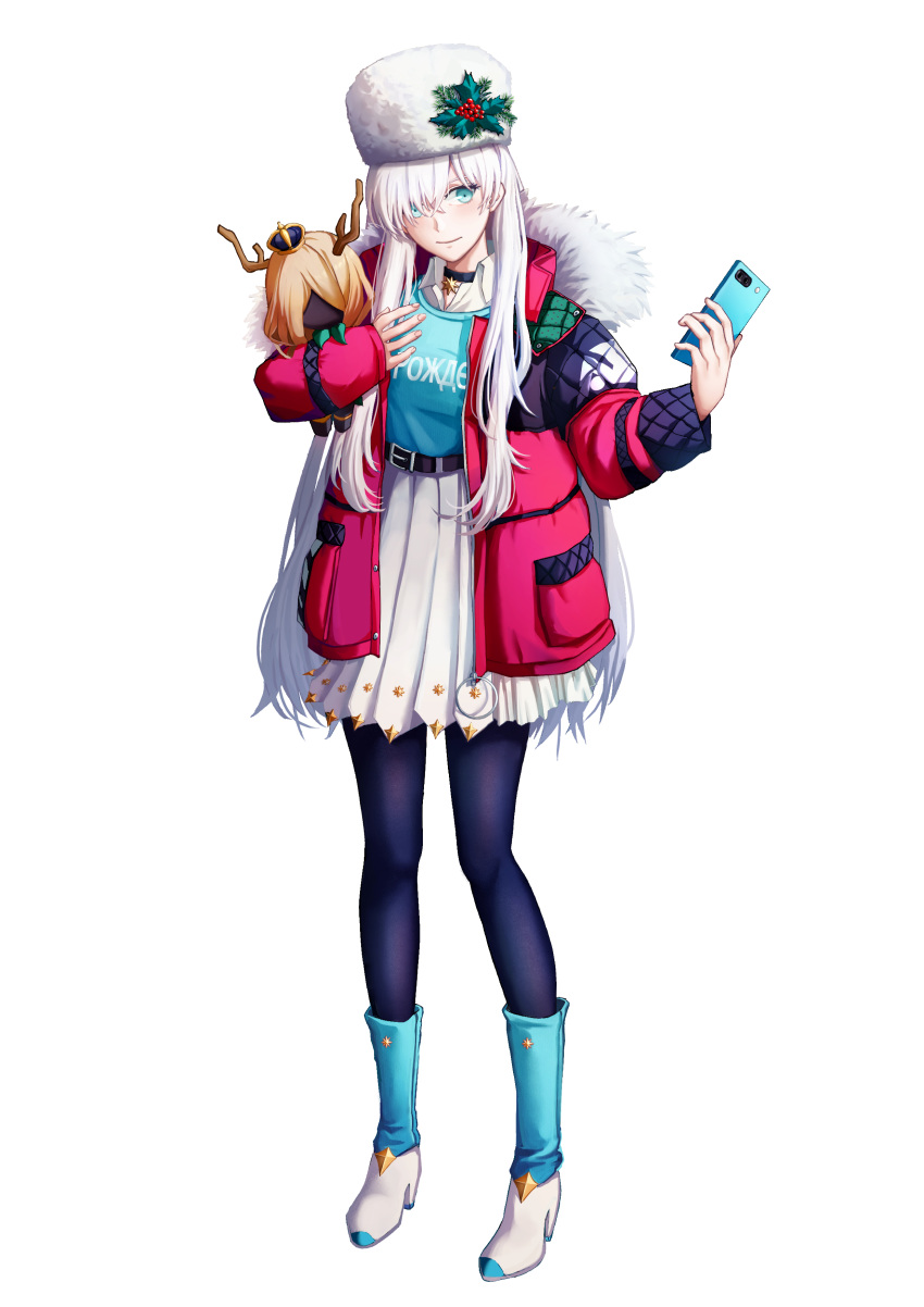 1girl absurdres anastasia_(fate/grand_order) bangs black_choker blue_eyes boots cellphone choker coat contemporary doll fate/grand_order fate_(series) full_body hair_over_one_eye highres holding jewelry long_hair long_sleeves looking_at_viewer phone silver_hair simple_background solo standing very_long_hair white_background ynotl