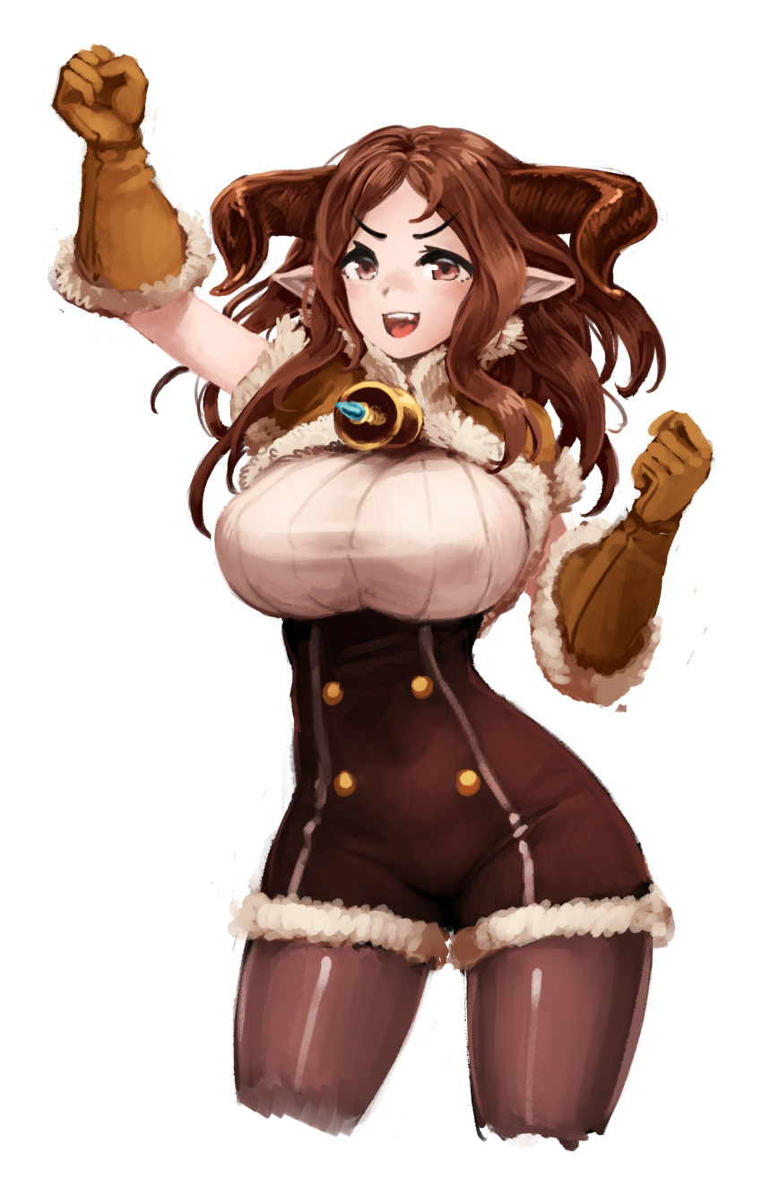 1girl :d absurdres arm_up barbariank bell breasts brown_eyes brown_gloves brown_hair brown_legwear capelet commentary cowboy_shot cropped_legs daetta_(granblue_fantasy) draph english_commentary eyebrows_visible_through_hair fang fur-trimmed_capelet fur-trimmed_gloves fur_trim gloves granblue_fantasy highres horns large_breasts long_hair looking_at_viewer open_mouth pantyhose pointy_ears simple_background smile solo underbust v-shaped_eyebrows white_background