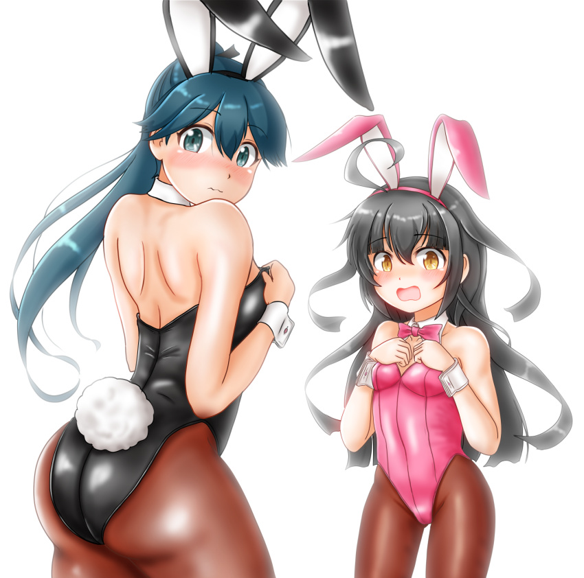 2girls alternate_costume animal_ears ass black_hair black_leotard blue_hair bow bowtie breasts brown_legwear bunny_tail bunnysuit commentary_request cowboy_shot detached_collar embarrassed green_eyes highres houshou_(kantai_collection) kantai_collection leotard long_hair looking_at_viewer mikazuki_(kantai_collection) multiple_girls open_mouth pantyhose pink_leotard pink_neckwear ponytail rabbit_ears simple_background small_breasts standing strapless strapless_leotard tail uratomomin white_background wrist_cuffs yellow_eyes