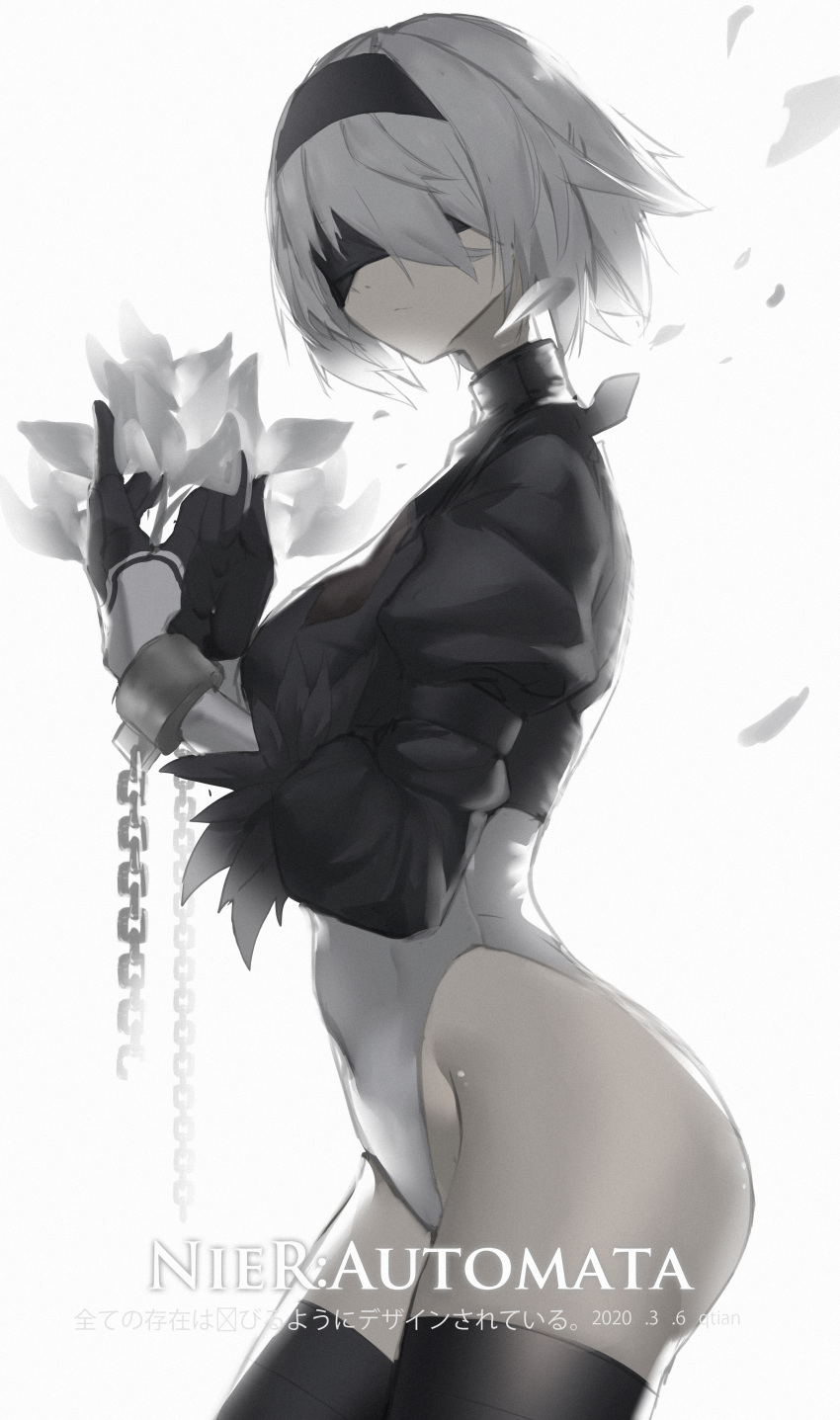 1girl absurdres backlighting black_legwear blindfold breasts contrapposto copyright_name covered_navel cowboy_shot cuffs flower from_side gloves hairband highres juliet_sleeves leotard lm520lm520 long_sleeves looking_at_viewer medium_breasts nier_(series) nier_automata puffy_sleeves ribbon-trimmed_sleeves ribbon_trim shackles silver_hair solo thigh-highs yorha_no._2_type_b