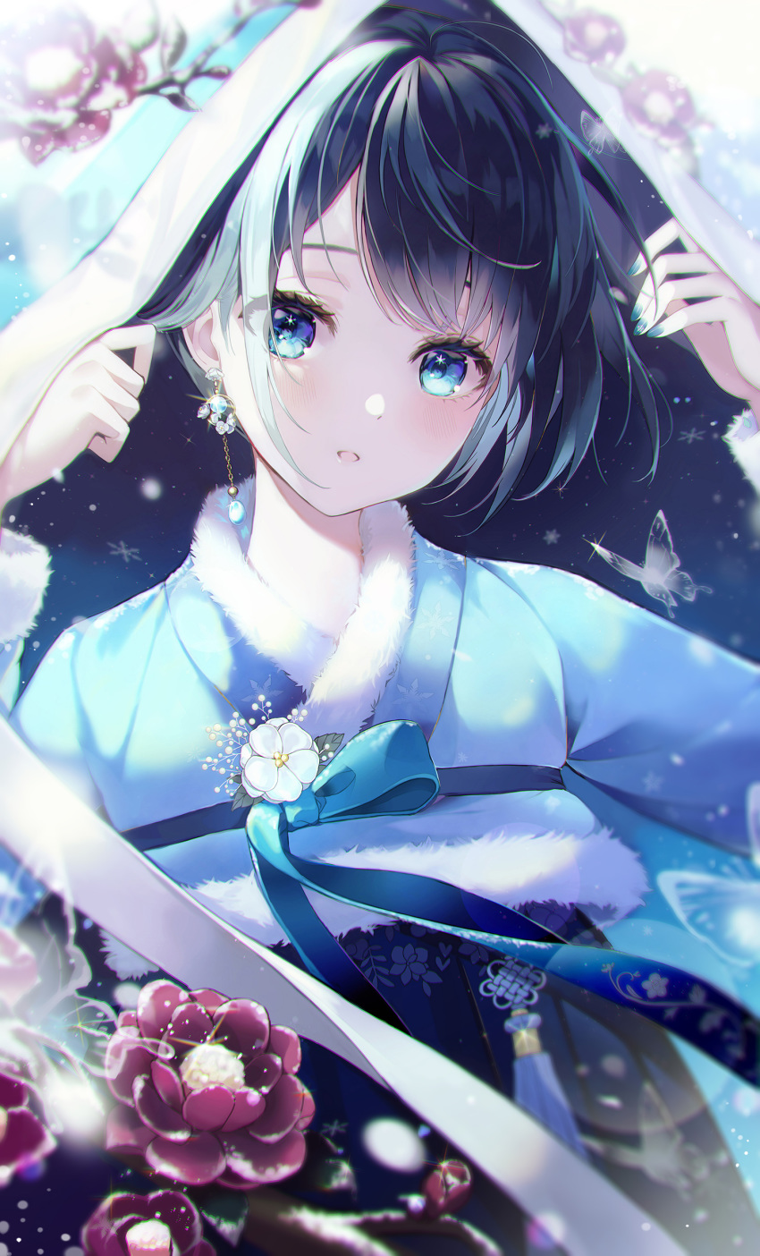 1girl absurdres arm_up bangs black_hair blue_eyes blue_hakama blue_kimono blue_nails blurry blurry_background blush bug butterfly commentary_request depth_of_field earrings eyebrows_behind_hair floral_print flower fur-trimmed_kimono fur_trim glint hakama hand_up highres insect japanese_clothes jewelry kimono looking_at_viewer nail_polish original parted_lips red_flower short_hair solo white_flower yuna_(deadawon)
