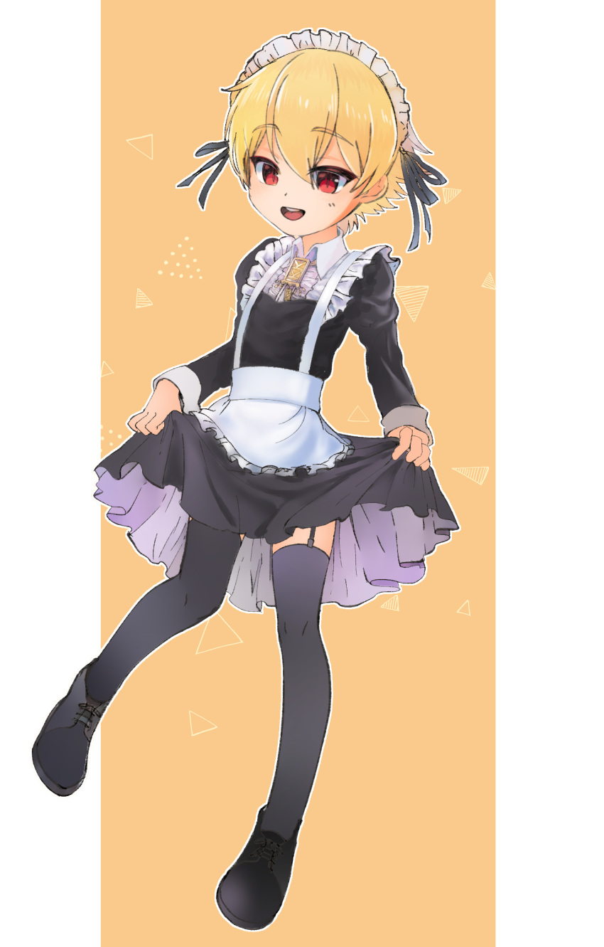 1boy alternate_costume apron black_dress blonde_hair blush child_gilgamesh crossdressinging dress enmaided fate_(series) frilled_apron frills full_body hair_between_eyes highres looking_at_viewer maid maid_apron maid_headdress male_focus otoko_no_ko puffy_sleeves skirt_hold smile solo soumen_nigoki thigh-highs waist_apron white_apron wrist_cuffs