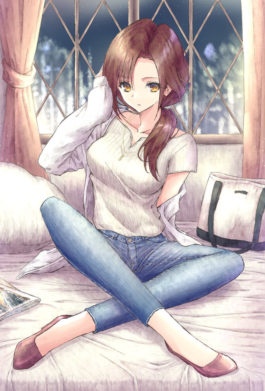 1girl aramachi bag brown_eyes brown_hair denim eyebrows_visible_through_hair hair_over_shoulder hand_on_own_head handbag highres idolmaster idolmaster_cinderella_girls jeans jewelry kawashima_mizuki long_hair necklace pants ponytail short_sleeves