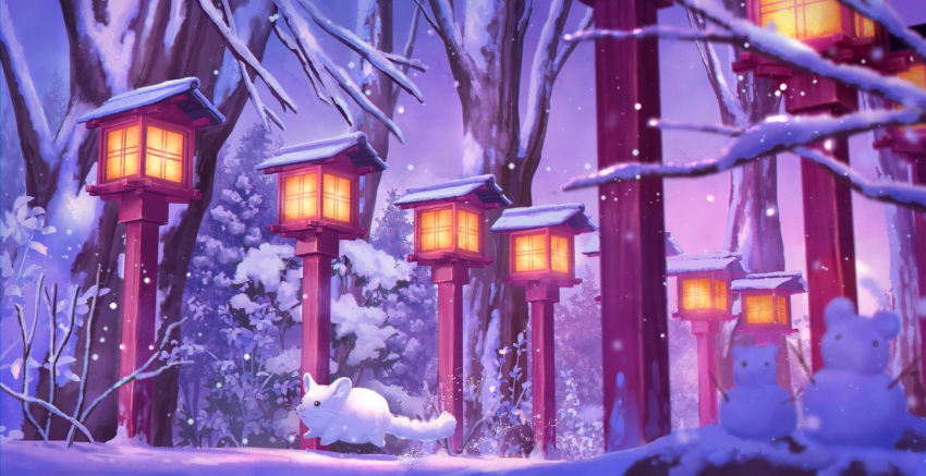 chinchilla_(animal) highres lantern night no_humans original outdoors pippi_(pixiv_1922055) snow snowing snowman tree winter wooden_lantern