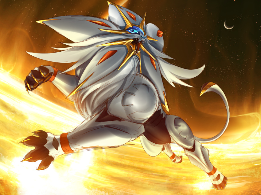 claws commentary creature crescent_moon english_commentary gen_7_pokemon highres legendary_pokemon light lion looking_to_the_side moon night night_sky no_humans pokemon pokemon_(creature) sky solgaleo solo tapwing