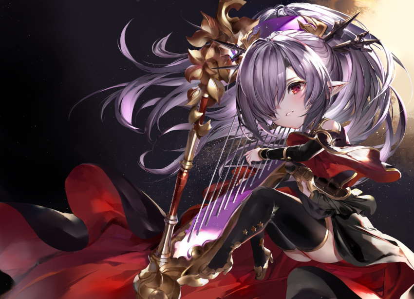 1girl bare_shoulders black_legwear breasts granblue_fantasy hair_ornament harp harvin high_heels highres hinahino instrument lavender_hair nio_(granblue_fantasy) one_eye_covered parted_lips pointy_ears red_eyes sky small_breasts solo star_(sky) starry_sky thigh-highs thighs tied_hair
