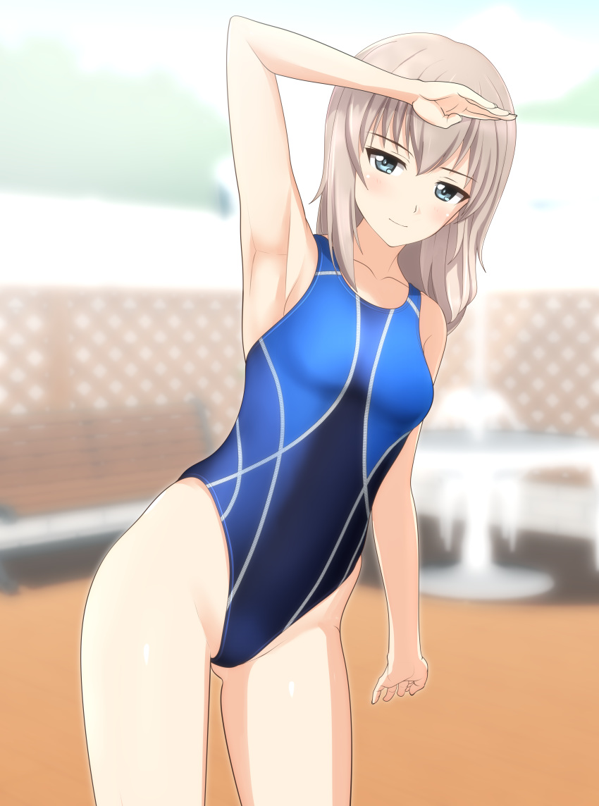 1girl absurdres bangs blue_eyes blue_swimsuit blurry commentary_request competition_swimsuit depth_of_field fence girls_und_panzer highres itsumi_erika leaning_to_the_side light_smile looking_at_viewer medium_hair one-piece_swimsuit shading_eyes silver_hair solo standing swimsuit table takafumi