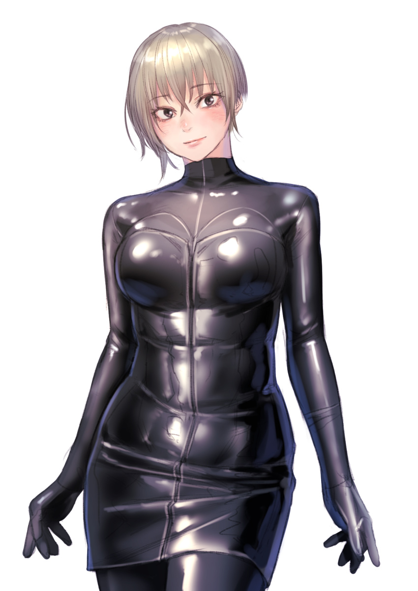 1girl blonde_hair blush bodysuit breasts eyebrows_visible_through_hair glasses grey_eyes highres kilye_4421 latex_bodysuit looking_at_viewer medium_breasts original short_hair simple_background skin_tight smile solo white_background