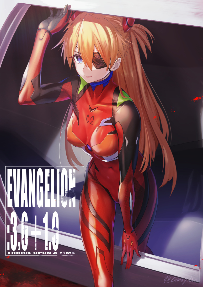 1girl absurdres arm_up bangs blue_eyes breasts celeryma closed_mouth collarbone covered_navel evangelion:_3.0+1.0_thrice_upon_a_time eyepatch feet_out_of_frame gloves hair_between_eyes highres leaning_forward long_hair looking_at_viewer medium_breasts neon_genesis_evangelion number one_eye_covered orange_hair plugsuit rebuild_of_evangelion red_gloves signature smile solo souryuu_asuka_langley twitter_username two_side_up very_long_hair