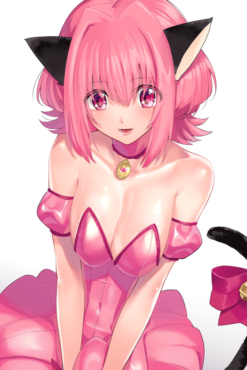 1girl ahoge animal_ears bell bow breasts cat_ears cat_tail choker detached_sleeves gloves highres jingle_bell leotard looking_at_viewer magical_girl medium_breasts mew_ichigo momomiya_ichigo ohlia pink_choker pink_hair pink_leotard puffy_detached_sleeves puffy_sleeves red_eyes red_gloves shiny shiny_skin tail tail_bell tail_bow tokyo_mew_mew