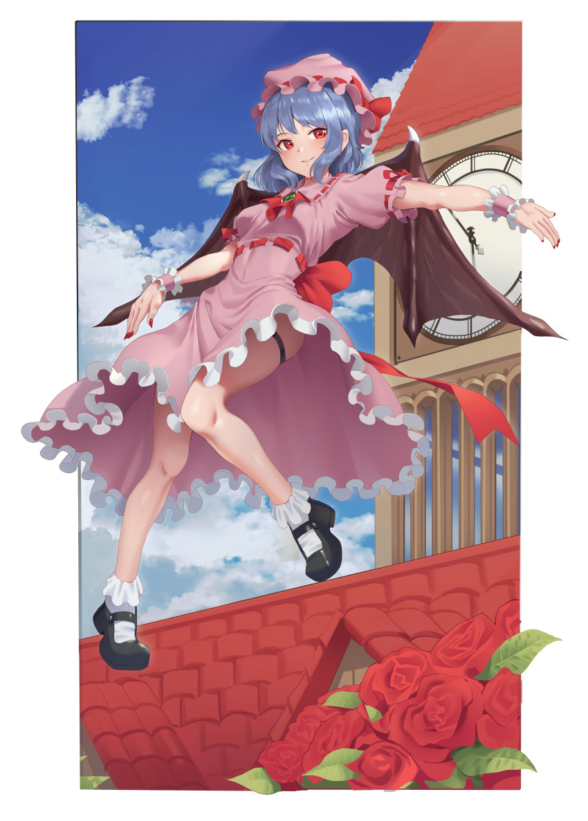 1girl absurdres bare_legs blue_hair blue_sky clock clock_tower clouds cloudy_sky day demon_wings dress floating flower frilled_dress frills full_body goback grin hair_between_eyes hat hat_ribbon highres lavender_hair legs looking_at_viewer midair outdoors pink_dress puffy_short_sleeves puffy_sleeves red_eyes red_flower red_nails red_ribbon red_rose remilia_scarlet ribbon ribbon-trimmed_dress rose short_sleeves sky smile solo thighs touhou tower upskirt vampire wings