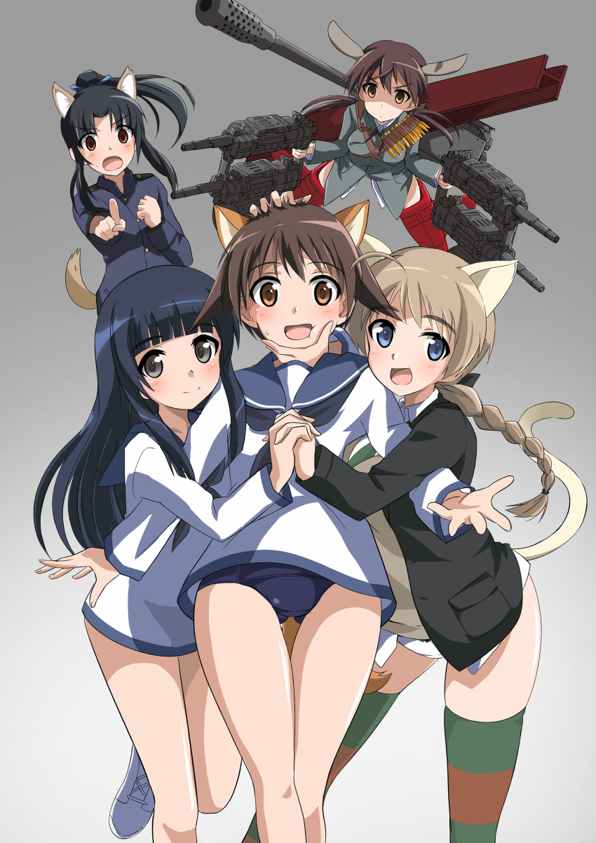5girls absurdres animal_ears black_hair blush braid braided_ponytail breasts brown_eyes cat_ears cat_tail closed_mouth dog_ears dog_tail dress gertrud_barkhorn grey_background gun hattori_shizuka highres holding_hands long_hair looking_at_viewer lynette_bishop medium_breasts medium_hair military military_uniform miyafuji_yoshika multiple_girls open_mouth panties pointing pointing_at_another ponytail rifle sailor_dress shiny shiny_hair short_hair simple_background smile strike_witches striped striped_legwear tail thigh-highs tricky_46 twintails underwear uniform weapon white_panties world_witches_series yamakawa_michiko