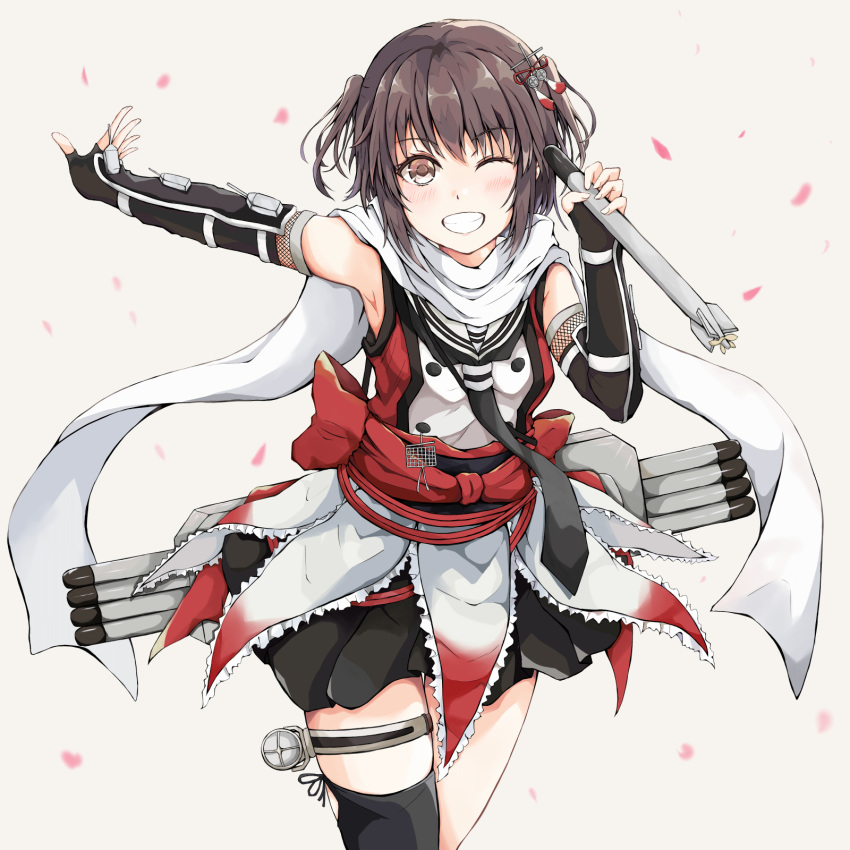 1girl asymmetrical_legwear black_gloves black_legwear black_skirt brown_eyes brown_hair commentary_request dairyo3 double-breasted elbow_gloves fingerless_gloves gauntlets gloves grin highres holding holding_torpedo kantai_collection leaning_forward looking_at_viewer neckerchief remodel_(kantai_collection) scarf school_uniform sendai_(kantai_collection) serafuku simple_background single_thighhigh skirt smile solo thigh-highs torpedo two_side_up white_background white_scarf