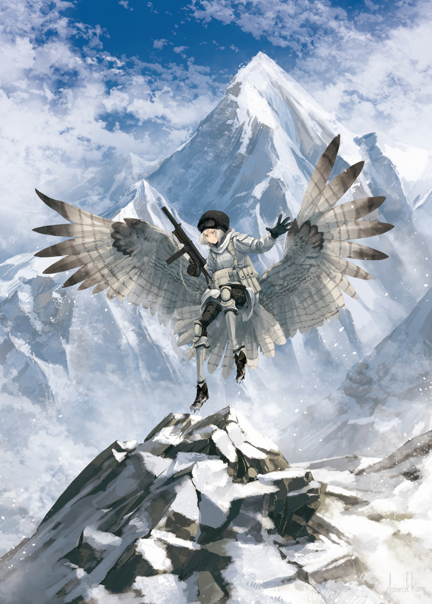 1girl asterisk_kome coat flying gloves goggles goggles_on_head gun heterochromia highres landing load_bearing_vest low_wings military military_uniform mountain rock shoes snow spiked_footwear spiked_shoes spikes spread_wings submachine_gun suppressor tail_feathers uniform weapon white_coat winged_fusiliers wings winter_clothes