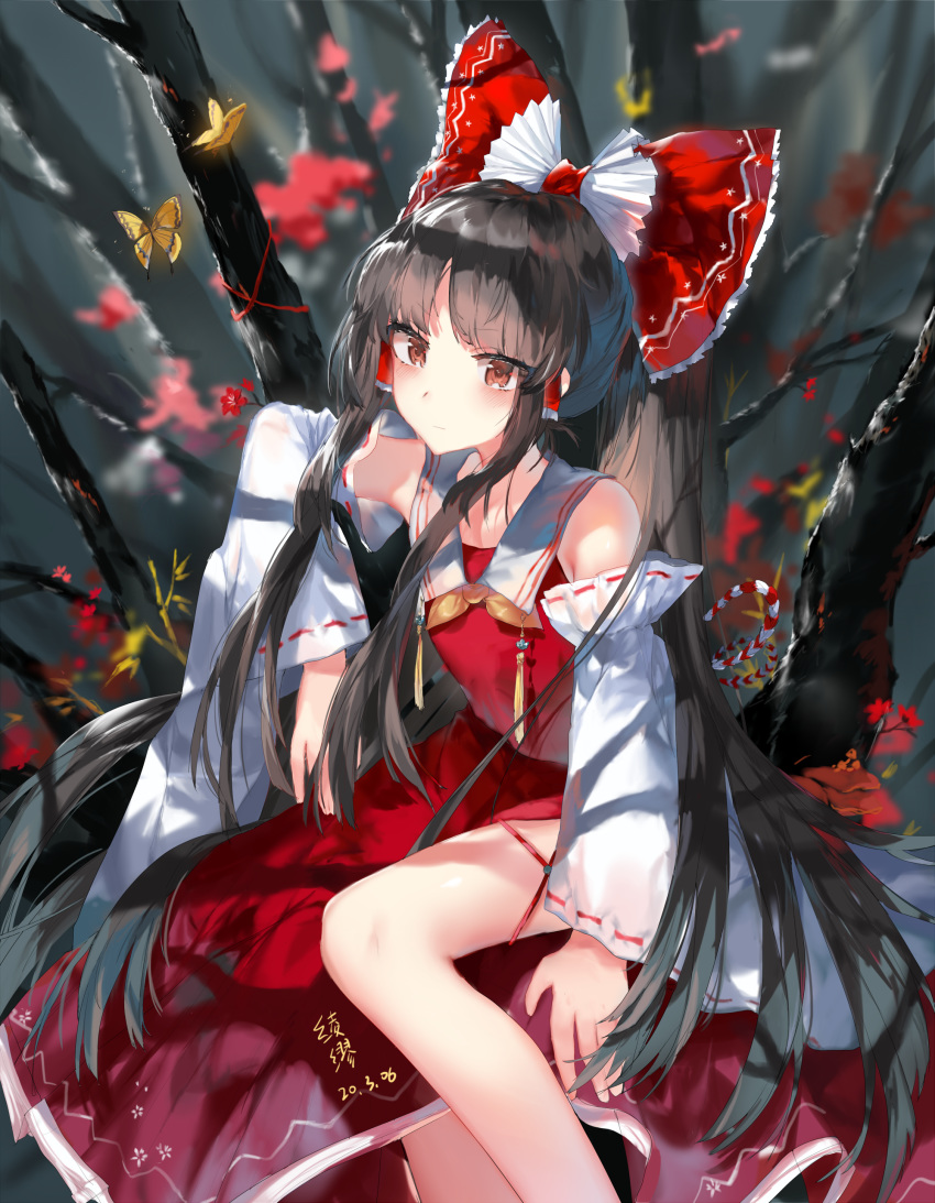 1girl absurdres black_hair bow brown_eyes bug butterfly closed_mouth dated detached_sleeves flower hair_bow hair_tubes hakurei_reimu highres insect ling_mou long_hair looking_at_viewer outdoors ponytail red_bow red_flower red_skirt red_vest ribbon-trimmed_sleeves ribbon_trim sidelocks skirt solo touhou tree very_long_hair vest yellow_neckwear