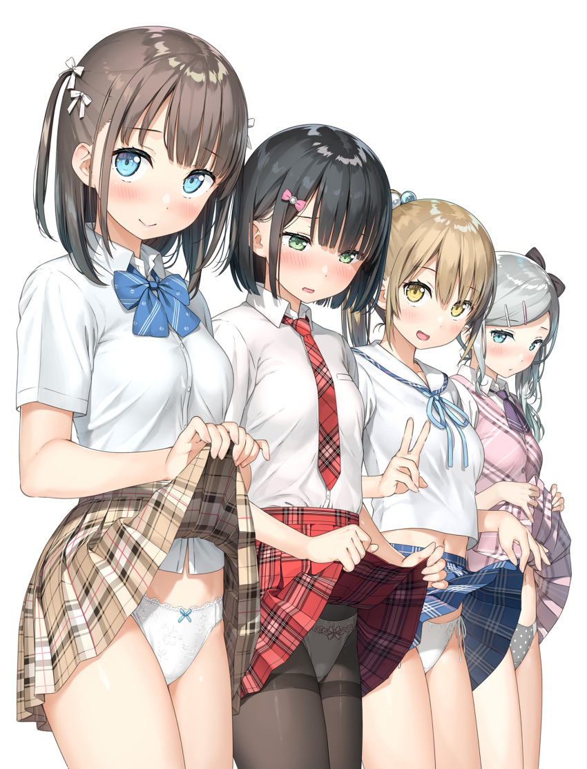 4girls :d bangs black_hair blue_eyes blue_neckwear blunt_bangs blush bow bow_panties bowtie breasts dress_shirt embarrassed eyebrows_visible_through_hair fanbox_reward green_eyes grey_hair grey_panties hair_bobbles hair_ornament hairclip highres kantoku lifted_by_self light_brown_hair looking_at_viewer looking_away looking_down medium_breasts medium_hair midriff_peek multiple_girls navel necktie open_mouth original paid_reward panties panties_under_pantyhose pantyhose plaid plaid_neckwear plaid_skirt polka_dot polka_dot_panties ponytail shirt short_hair short_sleeves simple_background skirt skirt_lift smile thighband_pantyhose two_side_up underwear v white_background white_panties white_shirt wing_collar yellow_eyes