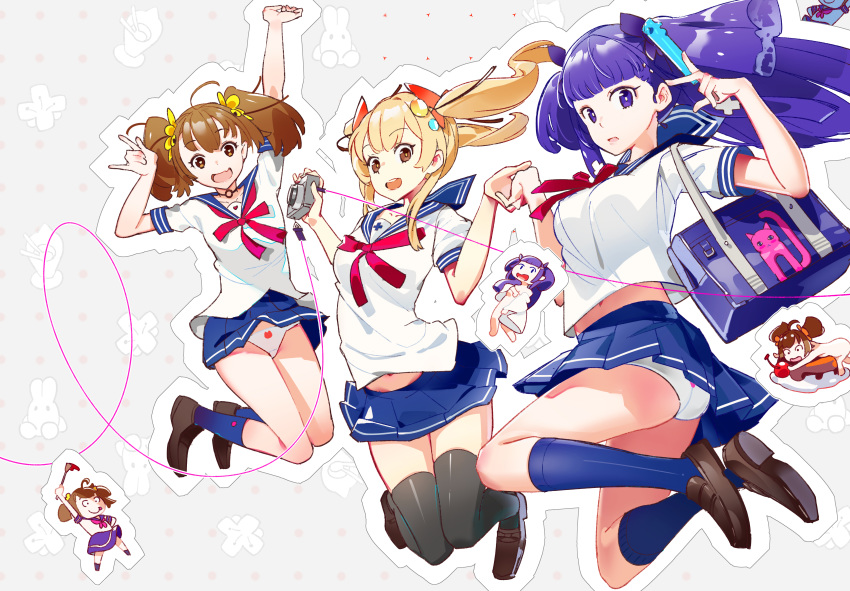 3girls :d \m/ absurdres animal_print bag bear_panties bear_print blonde_hair blue_legwear blue_sailor_collar blue_skirt bow bowtie brown_eyes brown_footwear brown_hair camera chibi chibi_inset choker dual_persona el-zheng fang floating_hair grey_background grey_legwear hair_bow hands_up heart heart-shaped_pupils highres holding holding_hands jumping loafers long_hair looking_at_viewer medium_hair midriff_peek multiple_girls navel o-ring o-ring_choker open_mouth original outline panties pantyshot pantyshot_(jumping) parted_lips pleated_skirt print_panties purple_bow purple_hair red_neckwear sailor_collar school_uniform serafuku shirt shoes shoulder_bag skin_fang skirt smile socks string symbol-shaped_pupils thigh-highs twintails two_side_up underwear violet_eyes white_panties white_shirt