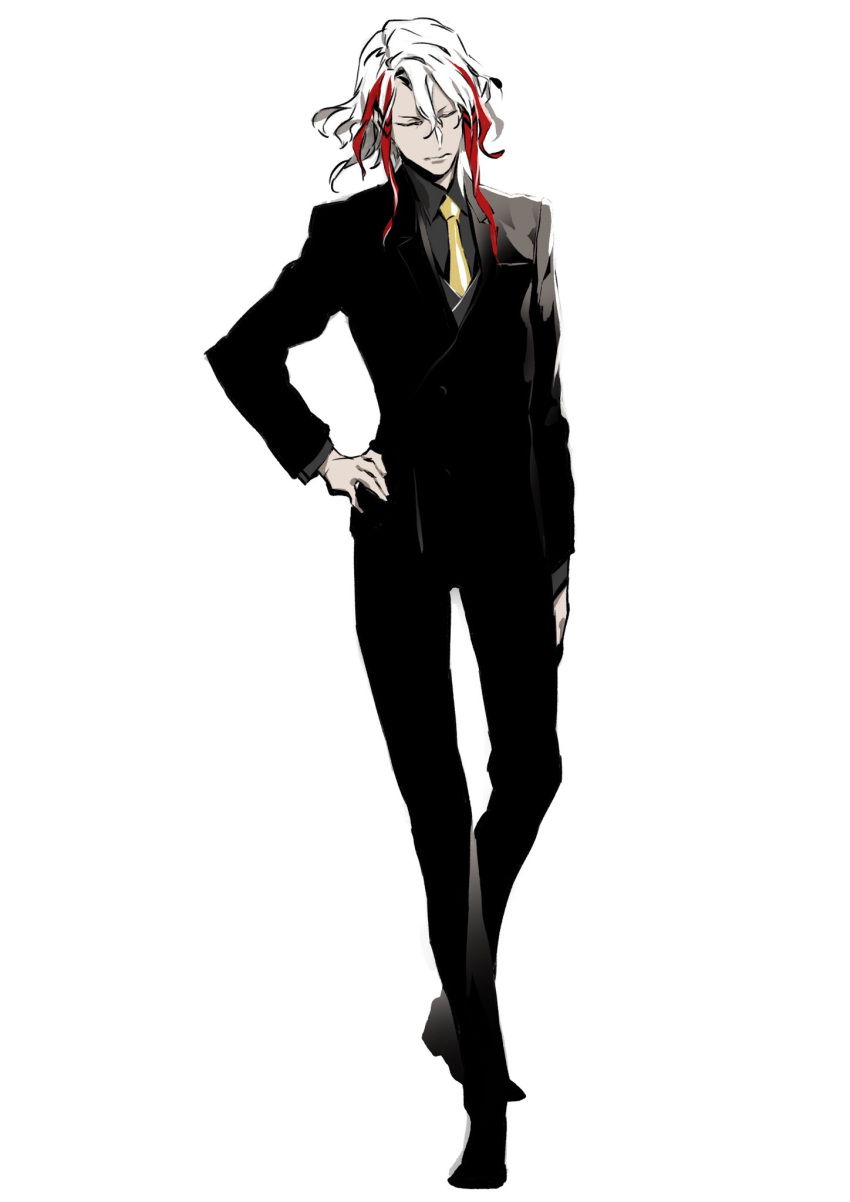 1boy alternate_costume closed_eyes fate/grand_order fate_(series) formal hand_on_hip highres male_focus miwa_shirou multicolored_hair necktie odysseus_(fate/grand_order) redhead solo streaked_hair suit white_hair