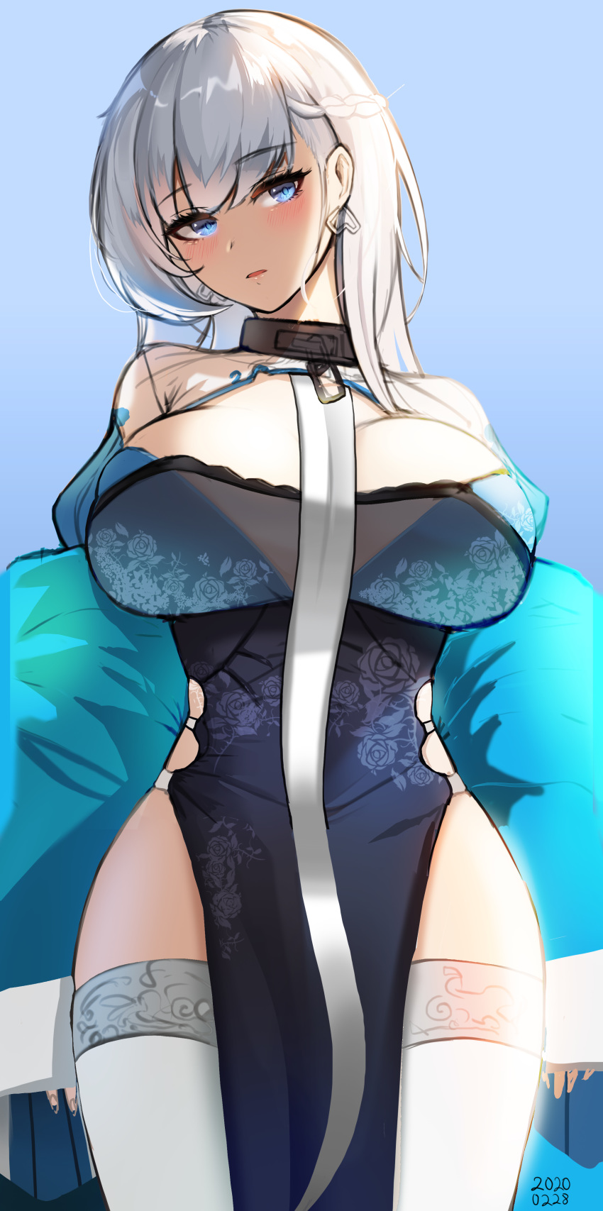 1girl absurdres arms_at_sides azur_lane belfast_(azur_lane) belfast_(iridescent_rose)_(azur_lane) blue_background blue_dress blue_eyes braid breasts cleavage_cutout collar cowboy_shot dress earrings eyebrows_visible_through_hair head_tilt highres huge_breasts jewelry long_hair looking_at_viewer mingakk parted_lips pelvic_curtain side_braid simple_background solo thigh-highs white_hair white_legwear