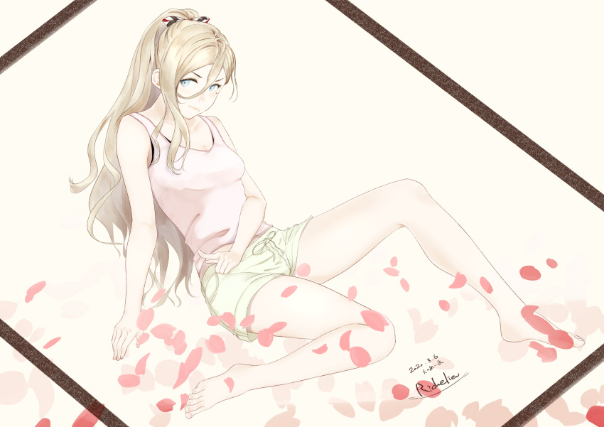 1girl absurdres alternate_costume blonde_hair blue_eyes blush breasts dated eyebrows_visible_through_hair hair_between_eyes highres kantai_collection long_hair looking_at_viewer medium_breasts mole mole_under_eye mole_under_mouth pink_shirt richelieu_(kantai_collection) shirt short_shorts shorts sitting smile solo velchi