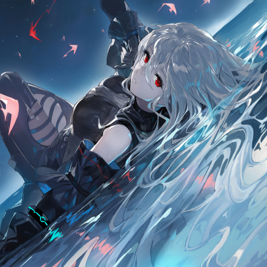 1girl andrian_gilang arknights black_gloves black_pants black_shirt breasts directional_arrow dutch_angle gloves hair_between_eyes highres long_hair looking_at_viewer lying medium_breasts on_back pants partially_submerged red_eyes shirt silver_hair skadi_(arknights) solo thigh_cutout water