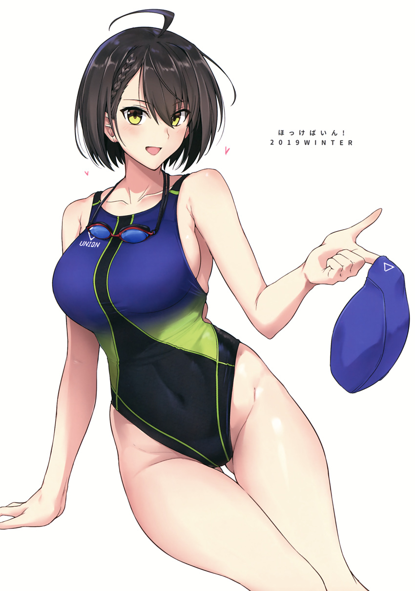 1girl absurdres ahoge arm_support azur_lane baltimore_(azur_lane) bangs bare_arms bare_shoulders blush braid breasts brown_hair collarbone competition_swimsuit covered_navel eyebrows_visible_through_hair goggles goggles_around_neck groin hair_between_eyes harukon_(halcon) heart highleg highleg_swimsuit highres holding large_breasts looking_at_viewer multicolored multicolored_clothes multicolored_swimsuit one-piece_swimsuit open_mouth scan shiny shiny_hair shiny_skin short_hair simple_background sitting skindentation smile solo swim_cap swimsuit thighs white_background yellow_eyes