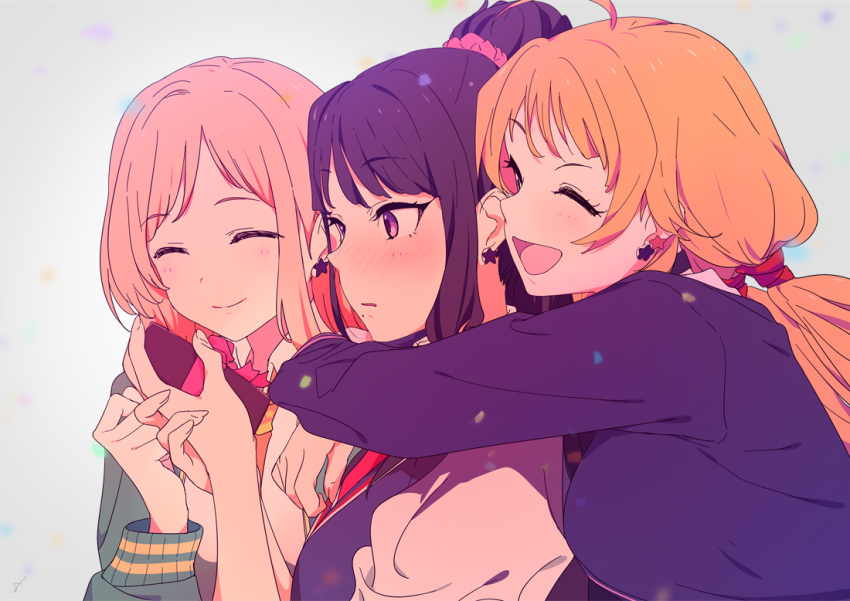 3girls ;d bangs blush box brown_hair closed_mouth collared_shirt commentary_request earrings eyebrows_visible_through_hair gift gift_box green_jacket grey_background hachimiya_meguru hair_bun hands_up holding holding_gift hug hug_from_behind idolmaster idolmaster_shiny_colors jacket jewelry kazano_hiori long_hair low_twintails multiple_girls one_eye_closed open_clothes open_jacket open_mouth parted_bangs parted_lips puffy_short_sleeves puffy_sleeves purple_hair purple_jacket sakuragi_mano shirt short_sleeves simple_background smile sohin star star_earrings sweater_vest twintails upper_body violet_eyes white_shirt