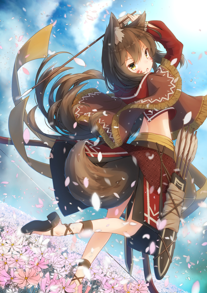 1girl animal_ear_fluff animal_ears arm_up arrow bangs black_footwear black_skirt blue_sky blush bow_(weapon) brown_capelet brown_hair clouds commentary_request coreytaiyo cropped_jacket day dutch_angle eyebrows_visible_through_hair facial_mark field flower flower_field fox_ears fox_girl fox_tail fringe_trim hair_between_eyes highres holding holding_arrow jacket long_hair long_sleeves looking_at_viewer looking_back open_mouth original outdoors petals pink_flower puffy_long_sleeves puffy_sleeves quiver red_jacket shoe_soles signature skirt sky solo standing standing_on_one_leg tail very_long_hair weapon white_flower yellow_eyes