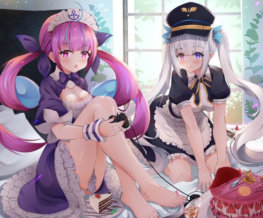 2girls absurdres barefoot bed blush breasts cake commentary_request controller cqingwei drill_hair food game_controller hair_ribbon hat heterochromia highres hololive kagura_mea kagura_mea_channel looking_at_viewer military_hat minato_aqua multiple_girls ribbon silver_hair sitting smile twin_drills twintails violet_eyes virtual_youtuber window