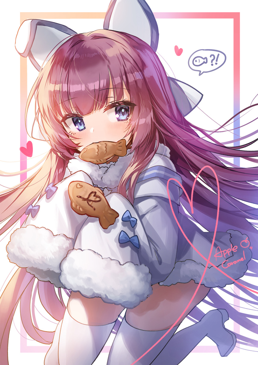 !? 1girl absurdres animal_ears apple_caramel azur_lane blue_bow blue_eyes blush boots bow commentary_request dress eyebrows_visible_through_hair fake_animal_ears food food_in_mouth fur-trimmed_dress fur-trimmed_sleeves fur_trim hair_intakes hair_ornament hair_ribbon heart highres holding holding_food long_hair long_sleeves looking_at_viewer mouth_hold purple_hair revision ribbon sleeves_past_fingers sleeves_past_wrists solo spoken_food spoken_interrobang taiyaki tashkent_(azur_lane) thigh-highs thigh_boots very_long_hair wagashi white_background white_dress white_footwear white_legwear x_x