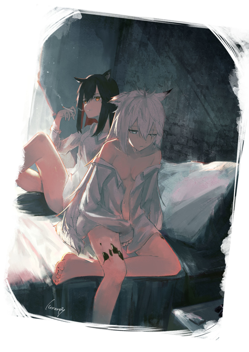 2girls animal_ears arknights artist_name bare_legs barefoot bed black_hair breasts cigarette collared_shirt crossed_legs grey_eyes grin hair_between_eyes half-closed_eye highres indoors lappland_(arknights) long_hair long_sleeves looking_at_viewer luxempty medium_breasts midriff multiple_girls naked_shirt navel off_shoulder on_bed orange_eyes pillow shirt shirt_slip signature silver_hair sitting sitting_on_bed sleeves_past_wrists smile smoking straight_hair tail texas_(arknights) white_shirt wolf_ears wolf_tail yuri