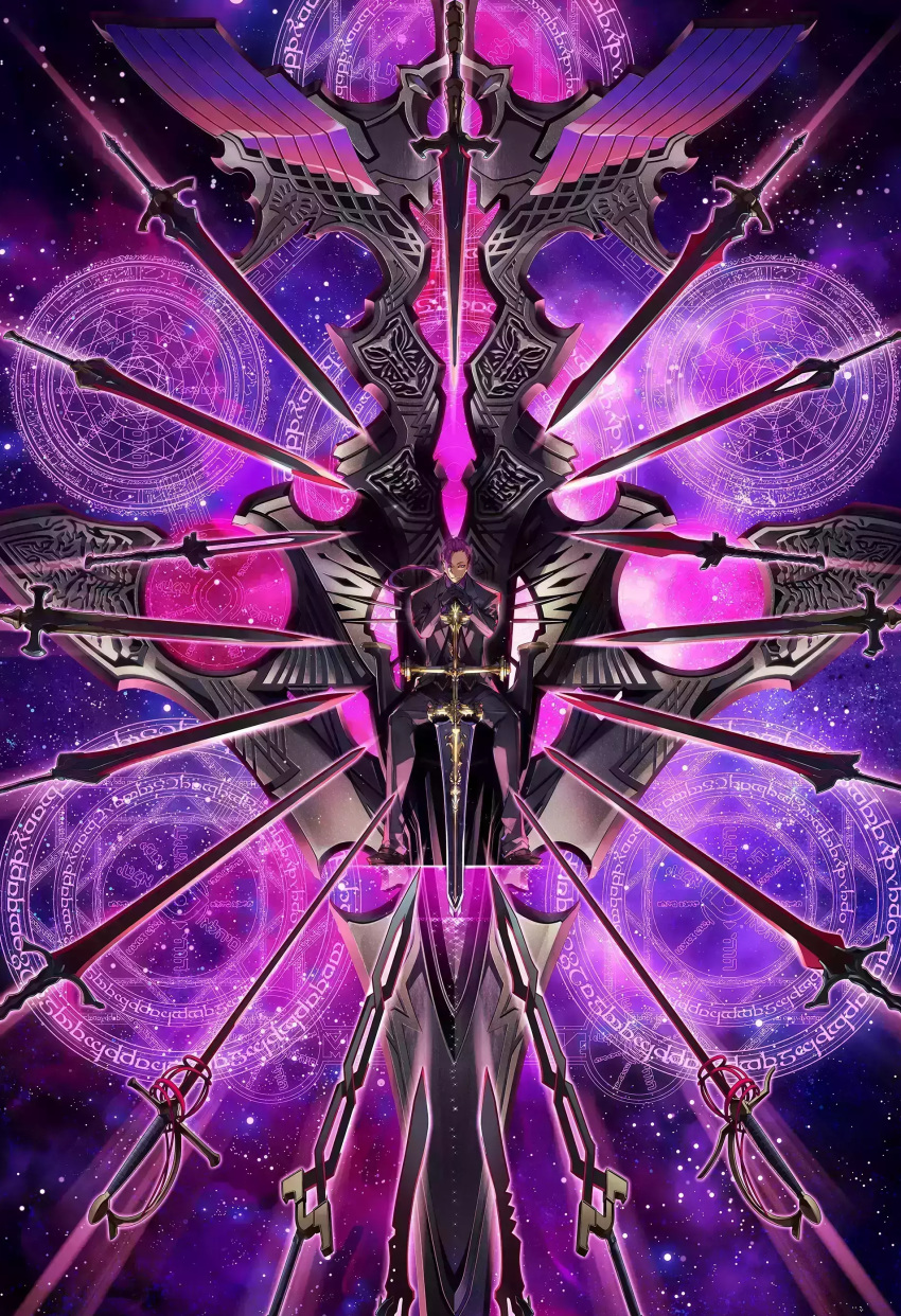 1boy absurdres dies_irae_pantheon formal g_yuusuke hair_over_one_eye hair_slicked_back hands_clasped hands_on_hilt highres looking_at_viewer low_ponytail magic_circle muzan necktie official_art own_hands_together purple_hair smile solo space star_(sky) suit sword throne violet_eyes weapon