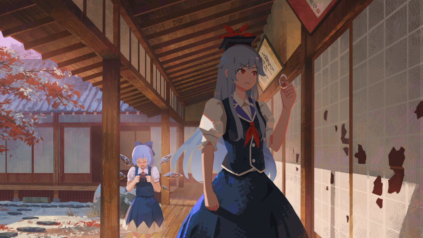 2girls :d ^_^ absurdres bangs blue_bow blue_hair blue_skirt blue_vest bow cirno clenched_hands closed_eyes commentary_request cowboy_shot eyebrows_visible_through_hair hand_up hat highres holding ice ice_wings kamishirasawa_keine long_hair mikado_(winters) multiple_girls neck_ribbon open_mouth puffy_short_sleeves puffy_sleeves red_eyes red_neckwear red_ribbon ribbon shirt short_sleeves sidelocks skirt skirt_set smile standing touhou very_long_hair vest white_shirt wings