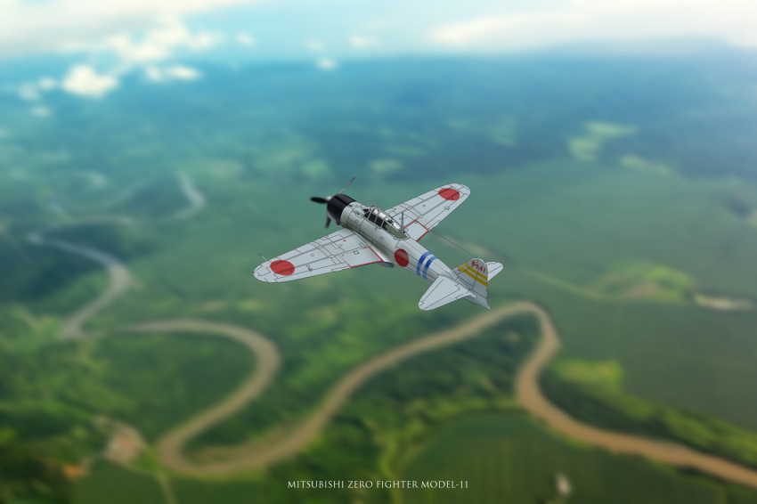 a6m_zero aircraft airplane clouds day dirt dirt_road forest highres imperial_japanese_navy landscape military nature original outdoors road rural scenery sky soranokakera01 tree world_war_ii