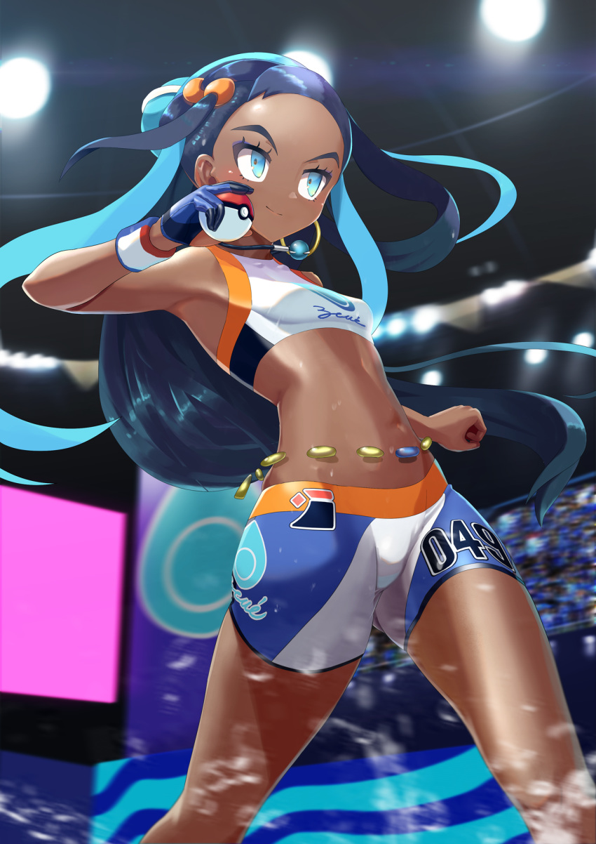 1girl action autism_wanderer belly_chain black_hair blue_eyes blue_gloves blue_hair blue_shorts blurry blurry_background closed_mouth commentary dark_skin depth_of_field earrings gloves gym_leader hair_bun hair_pulled_back highres holding holding_poke_ball hoop_earrings jewelry long_hair looking_to_the_side multicolored_hair navel necklace poke_ball poke_ball_(generic) pokemon pokemon_(game) pokemon_swsh rurina_(pokemon) shirt shorts single_glove smile solo sportswear standing swimsuit tankini two-tone_hair white_shirt wristband