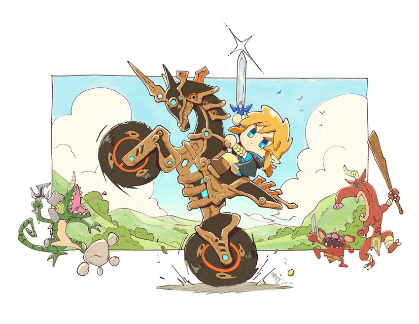 1boy blonde_hair bokoblin chibi cloak club dagger ground_vehicle horn link lizalflos loincloth looking_back master_sword moblin monster motor_vehicle motorcycle myamashin pointy_ears sword the_legend_of_zelda the_legend_of_zelda:_breath_of_the_wild weapon wheelie