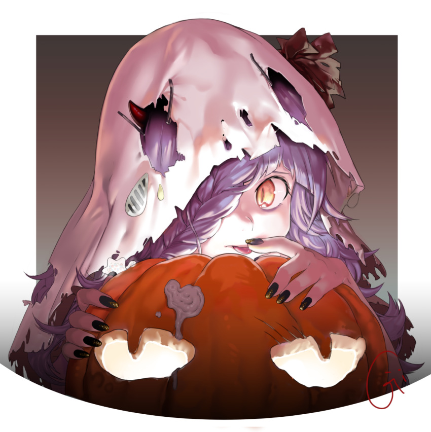 1girl black_nails braid face finger_licking french_braid halloween horns jack-o'-lantern licking long_hair looking_at_viewer nadashima_gy original pumpkin purple_hair slit_pupils solo tongue tongue_out yellow_eyes