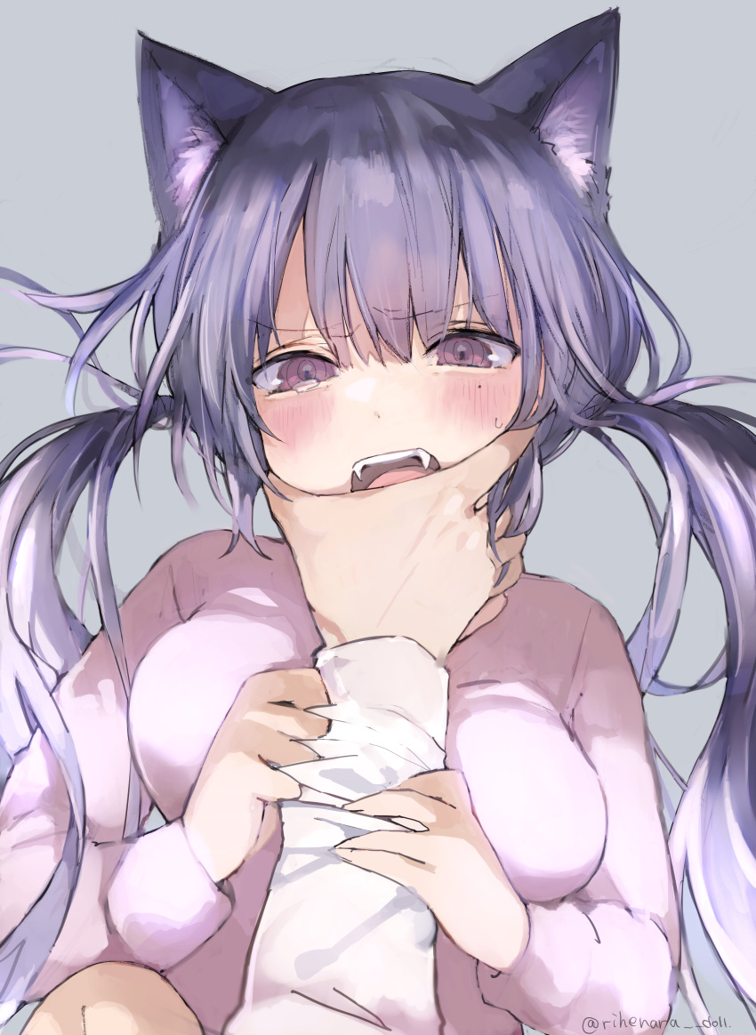 1girl absurdres animal_ears bangs blush breasts commentary_request dog_ears eyebrows_visible_through_hair face_grab fangs highres long_sleeves looking_at_viewer low_twintails medium_breasts mole mole_under_eye open_mouth original pov purple_hair solo_focus sweater tearing_up tears twintails twitter_username unaligned_breasts upper_body upper_teeth v-shaped_eyebrows violet_eyes white_sweater wrist_grab yukari_(rihenara_doll)