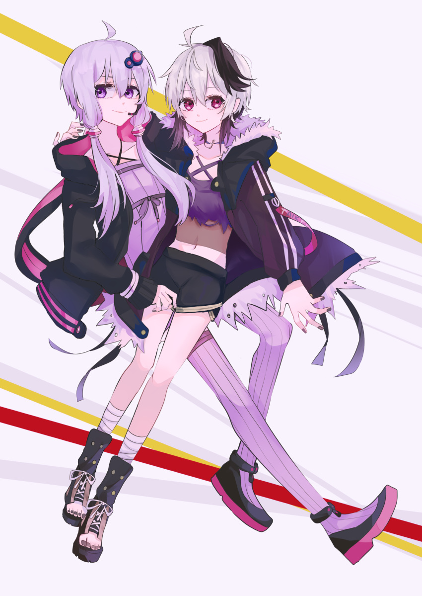 2girls absurdres ahoge androgynous animal_ears anklet arm_around_neck bandaged_leg bandages black_jacket black_shorts chinese_commentary commentary_request criss-cross_halter crop_top dress flat_chest flower_(vocaloid) fur-trimmed_jacket fur_trim gomiyama hair_ornament hair_tubes halterneck headset highres hood hooded_jacket jacket jewelry looking_away multicolored_hair multiple_girls nail_polish on_lap pink_eyes purple_dress purple_hair purple_legwear purple_nails rabbit_ears shoes short_hair short_hair_with_long_locks short_shorts shorts sneakers strapless strapless_dress streaked_hair striped striped_legwear thigh-highs tube_dress v_flower_(gynoid_talk) v_flower_(vocaloid4) violet_eyes vocaloid voiceroid white_hair yuri yuzuki_yukari