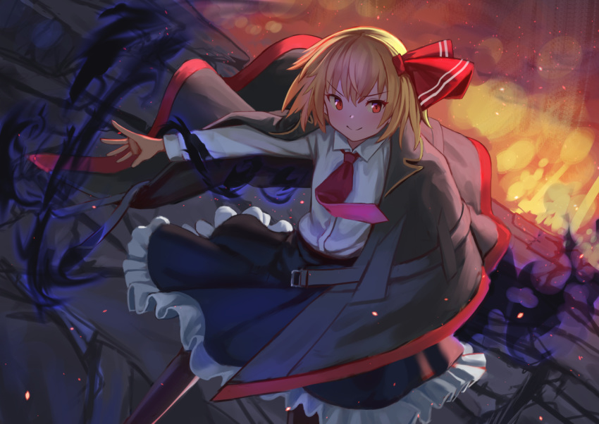 &gt;:) 1girl bangs black_cape black_legwear black_skirt blonde_hair cape commentary_request darkness eyebrows_visible_through_hair feet_out_of_frame hair_between_eyes hair_ribbon long_sleeves looking_at_viewer magic necktie outstretched_arm pantyhose petticoat red_eyes red_neckwear red_ribbon ribbon roke_(taikodon) rumia shirt short_hair skirt smile solo standing touhou v-shaped_eyebrows white_shirt