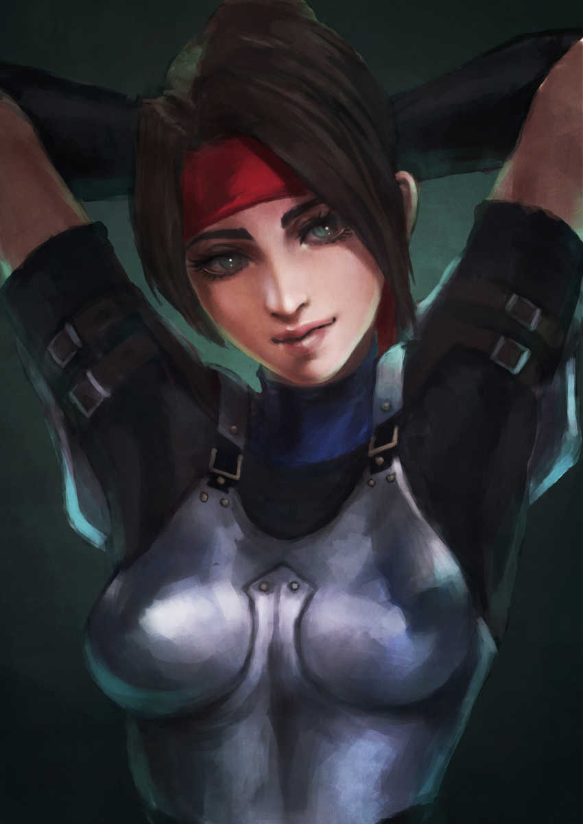1girl absurdres adjusting_hair armor arms_behind_head arms_up breastplate brown_hair dark_background final_fantasy final_fantasy_vii final_fantasy_vii_remake gloves headband highres jessie_(ff7) looking_at_viewer monori_rogue red_headband shoulder_armor smile solo strap upper_body