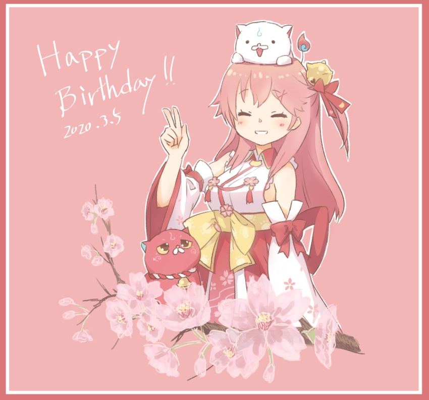1girl 35p_(miko_channel) animal_on_head bell birthday blush branch breasts cat cat_on_head cherry_blossom_print cherry_blossoms closed_eyes dated detached_sleeves floral_print hair_bell hair_ornament hair_over_shoulder happy_birthday hololive kintoki_(miko_channel) long_hair nontraditional_miko on_head one_side_up pasara_hirahara pink_background pink_cat pink_hair sakura_miko smile teeth virtual_youtuber w white_cat wide_sleeves