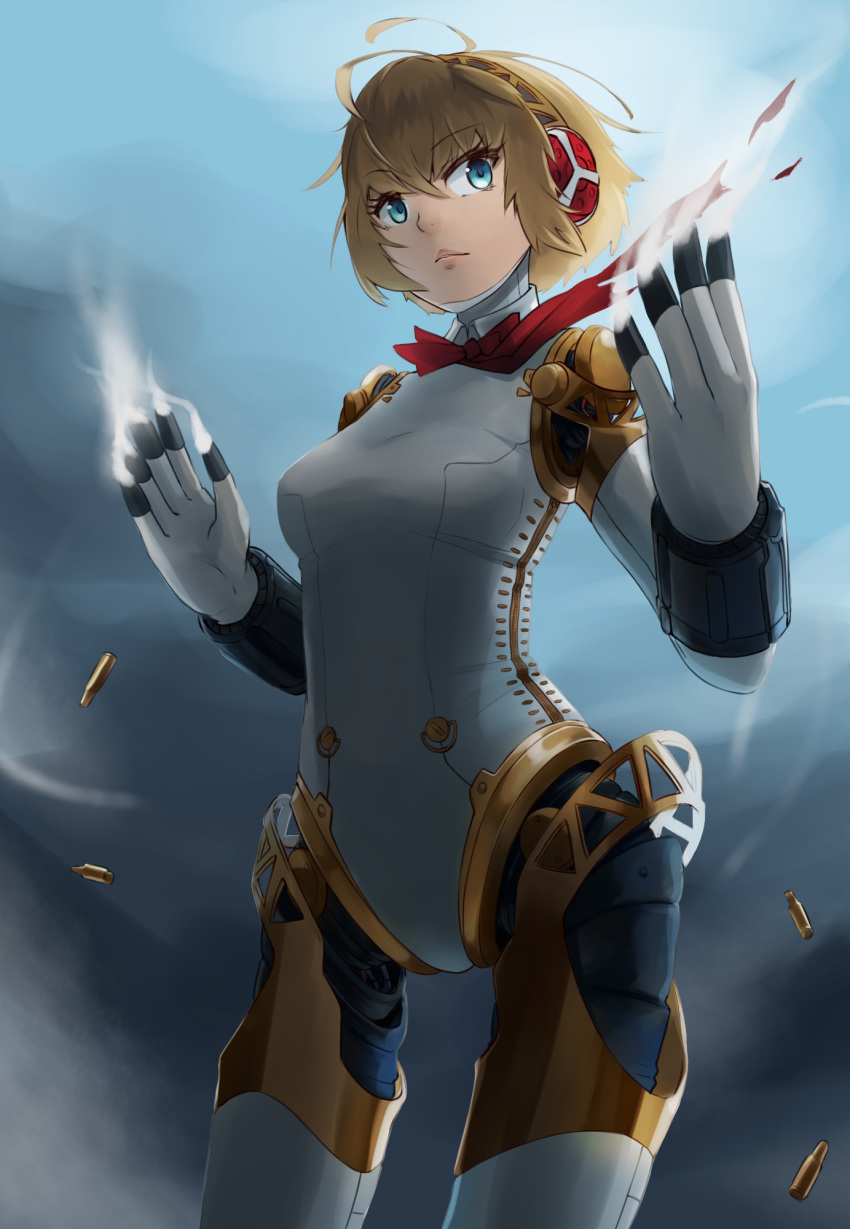 1girl aegis_(persona) android blonde_hair blue_eyes bow breasts closed_mouth commentary highres looking_at_viewer okamin persona persona_3 ribbon robot_joints short_hair smoke solo