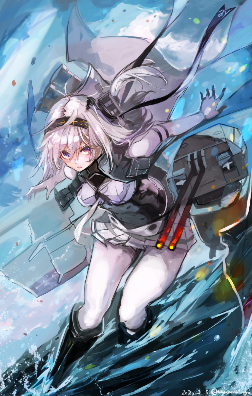1girl absurdres bangs black_headband bodysuit boots breasts cannon cape chou-10cm-hou-chan_(suzutsuki's) clothes_writing dated grey_cape hachimaki hair_between_eyes headband highres kantai_collection long_hair machinery messy_hair nagasawa_tougo ocean outdoors rigging silver_hair standing standing_on_liquid suzutsuki_(kantai_collection) torpedo_tubes turret twitter_username white_bodysuit